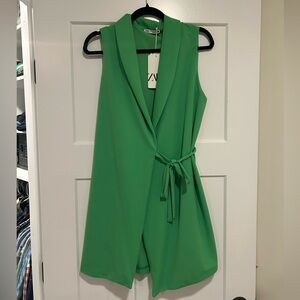 Zara NWT Bright Green Sleeveless Wrap Dress with Vest with Tie Size Medium